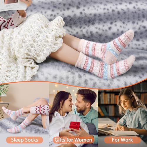 Image of ICEIVY 5 Pair Fuzzy Cozy Socks for Women - Warm Comfy Soft Casual Home Sleep Winter Wool Socks - Gifts for Women