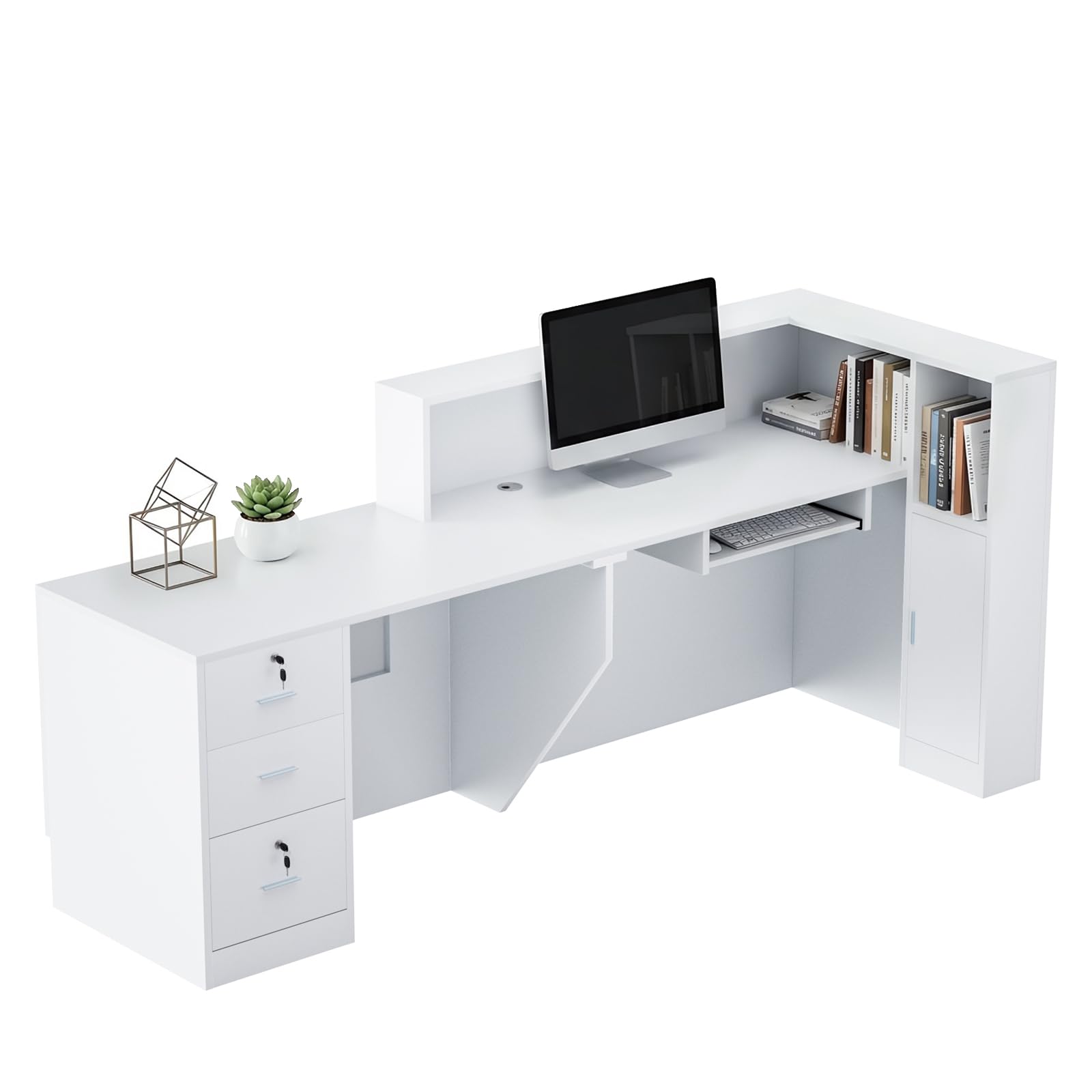 L-förmiger Empfangstisch mit abschließbarer Schublade, Ablagefächern & offenen Regalen, moderner Rezeptionstisch aus Holz für Büro, Lobby, Café