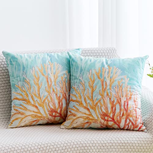 Coastal Throw Pillow Covers 18X18 Inch Nautical Beach Ocean Themed Decorative Pillows Cases Modern Seaweed Coral Cushion Cover For Bed Living Room Couch Sofa Decor Set Of 2, Orange And Blue #TOP1