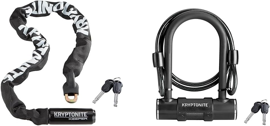 Kryptonite Bike Lock Bundle - 2.8ft Steel Chain Lock with Keys and U-Lock with 4ft Braided Steel Cable for Bikes, Motorcycles, Scooters, Accessories