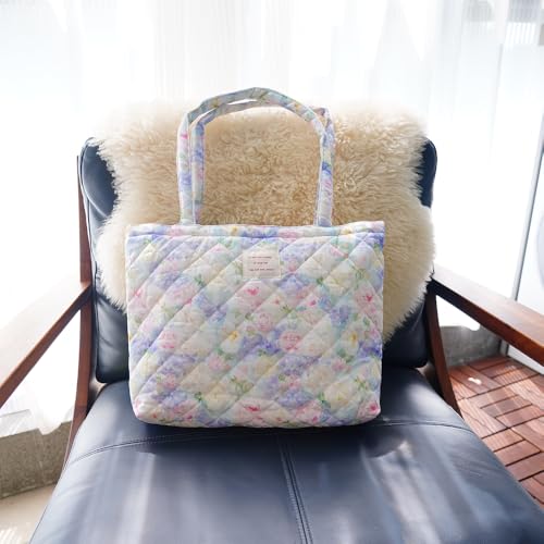 Image of Floral Quilted Cotton Shoulder Bag for Women Daily Use Medium Size Handbag Large Capacity Thickened Design Tote