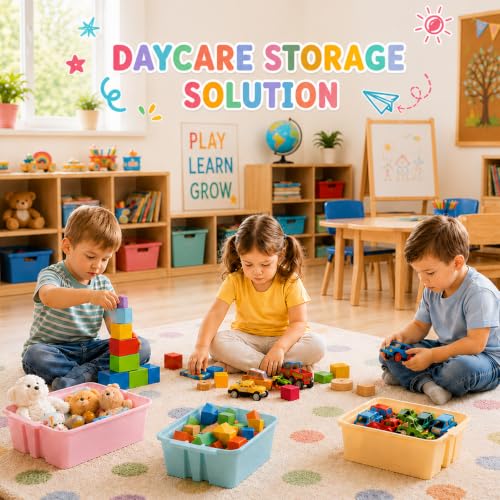 Yakydesign Book Organizer Set of 6 Classroom Decor Bin storage Homeschool Organization Plastic Bins with Handle Cubby Storage Classroom Stackable Bins for Home Office School Supplies (Pink Purple) - Image 5
