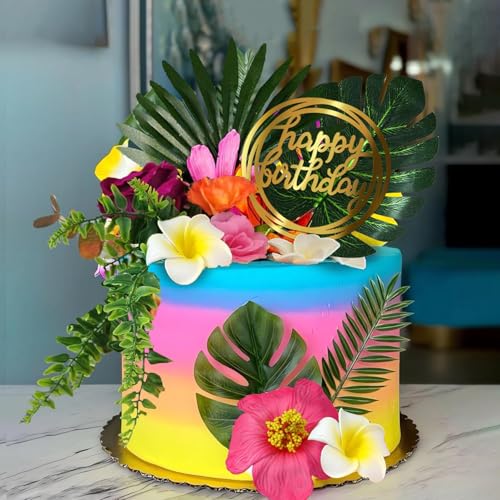 Decorazioni per Torte Hawaiane Decorazione Torta Luau Tropicale Cake Topper Estiva Fiori di Ibisco, Foglie Tropicali Decorazioni per Torta per Matrimonio Hawaiano, Festa In Spiaggia