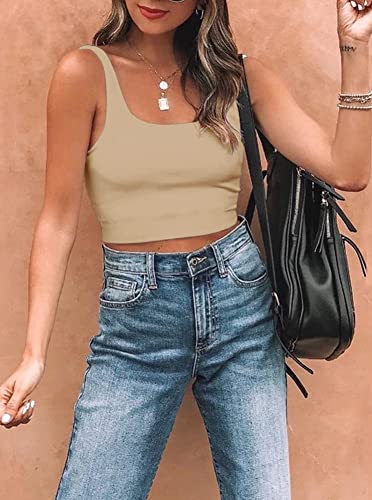Reoria Women's Summer Sexy Basic Sleeveless Square Neck Fitted Seamless Yoga Cropped Tank Cute Crop Tops For Teen Girls Nude Small #TOP2
