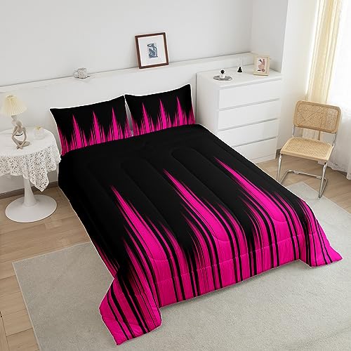 Image of Rose Pink Ombre Comforter Set Full Size, Ombre Striped Comforter Abstract Pink and Black Comforter Kids Toddler Pink Stripe Duvet Set Breathable Bed Set 3Pcs