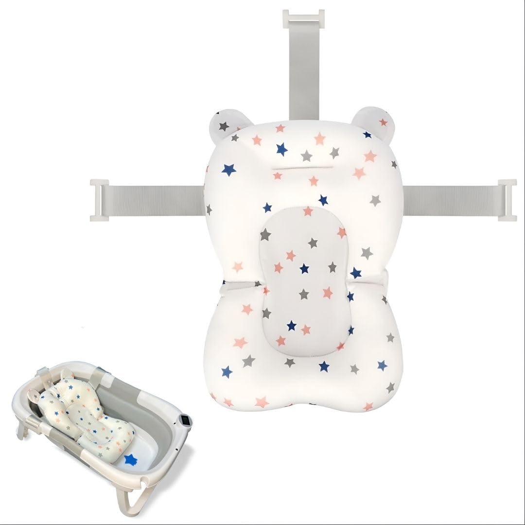 BATHBY | Cojín para Bañera de Bebé – Asiento Ergonómico Ajustable y Portátil con Malla Antideslizante, Almohada Reductora, Hamaca de Ducha con Diseño de Estrellas (Blanco)