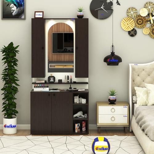 Image of Anikaa Opulex Engineered Wood Dressing Table with Mirror Cabinet, LED Lights, Storage Shelves & Back Panel - Wall Mounted Makeup Vanity & Organizer for Bedroom -(Wenge /White) DIY Installation