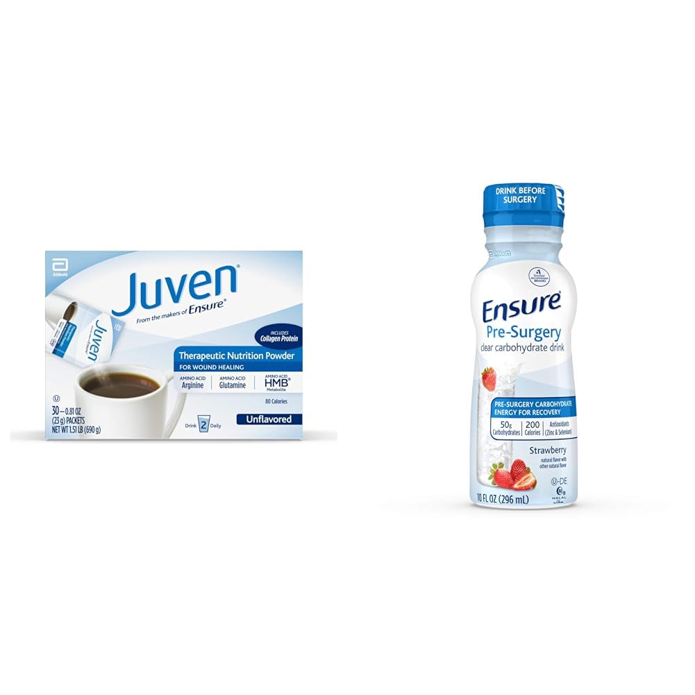 Therapeutic Nutrition Drink Mix Powder for Wound Healing Support, Includes Collagen Protein, Unflavored, 30 Count & Ensure Pre-Surgery, Clear Carbohydrate Drink, Strawberry, 10 Fl Oz (Pack of 4)