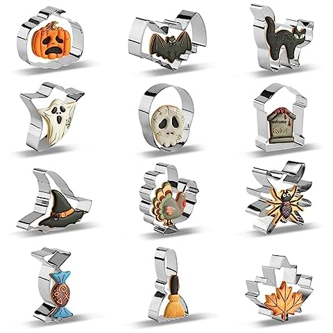 SurgeHai Halloween Cookie Cutters Set of 12, Stainless Steel Halloween Cookie Shaped Mold Includes Pumpkin, Cat, Bat, Ghost and Witch Hat Shapes for Halloween Food Party Decorations (Gift Box) Cover