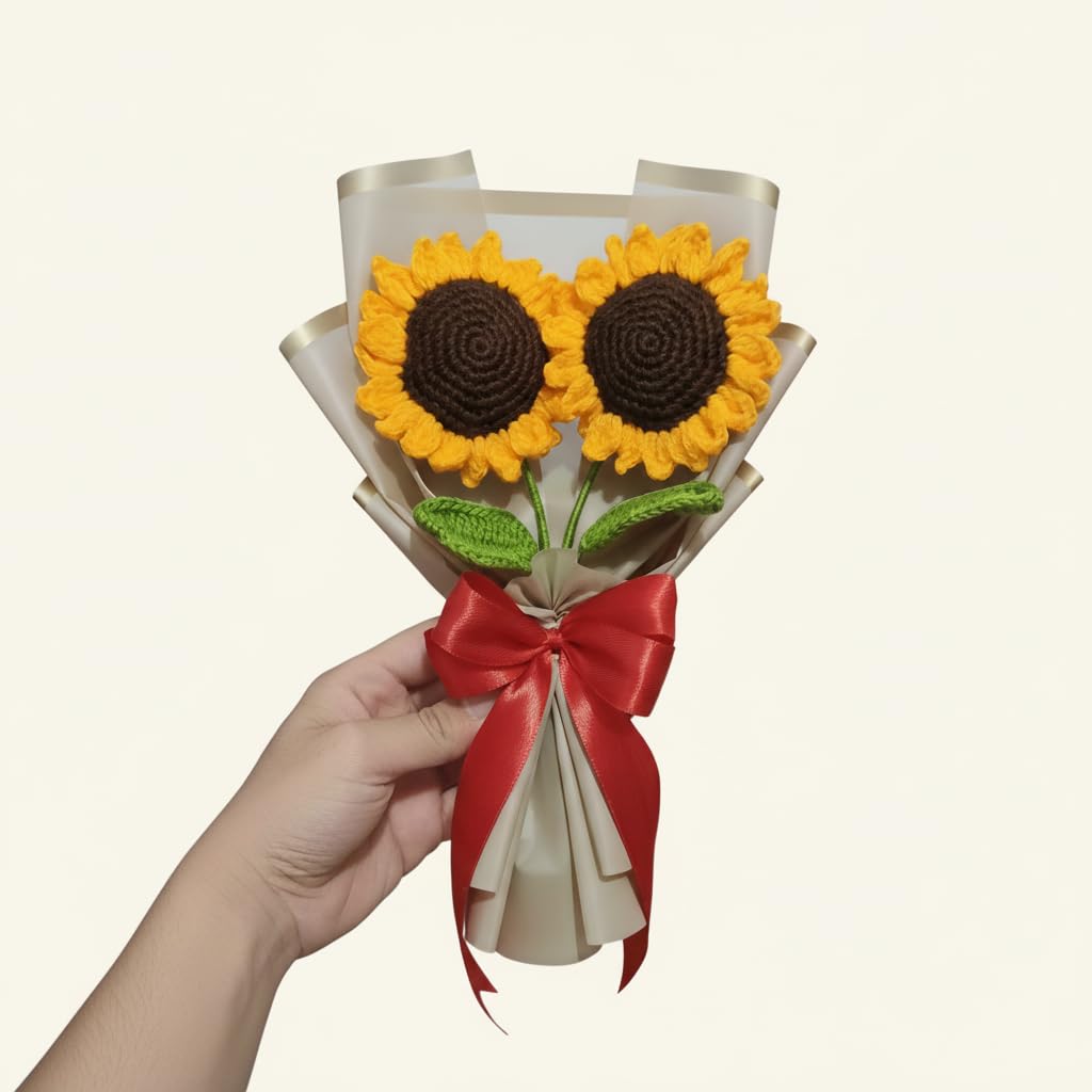 Handmade Crochet Lily Flowers Bouquet, Artificial Forever Flowers, Cotton Yarn, 25cm Height, 2 Lily Flowers with White Wrapping (2 Sunflower Bouquet)