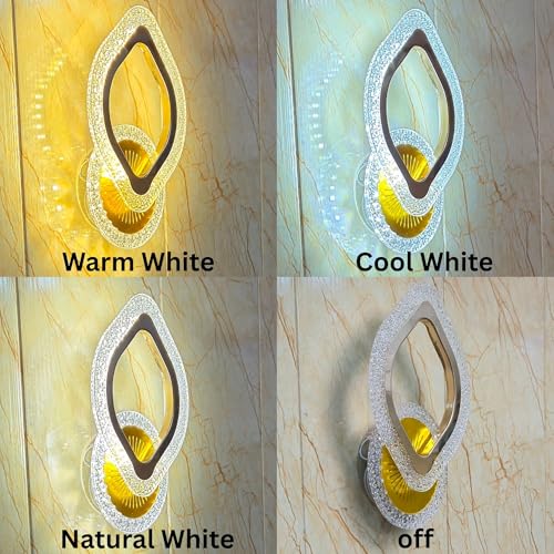 Image of Keyplus Golden Acrylic Crystal Wall Light for Bedroom & Living Room, 3 Color Changing LED Light, Indoor Decorative Lamp,Designer Wall Mount, Pack of 2,