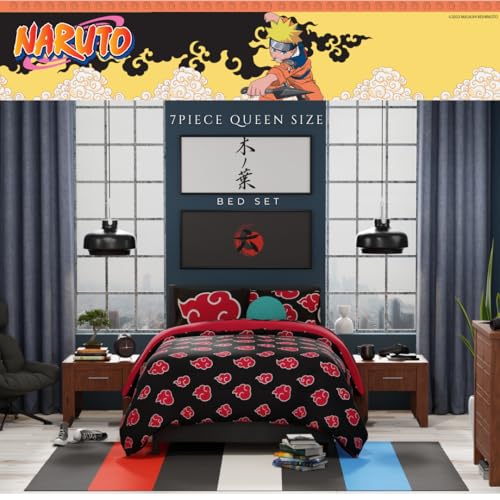 Image of Collectibles Naruto Anime Akatsuki Bedding 7 Piece Super Soft Reversible Comforter and Sheet Set with Sham, Queen, (Officially Licensed Product) By Franco