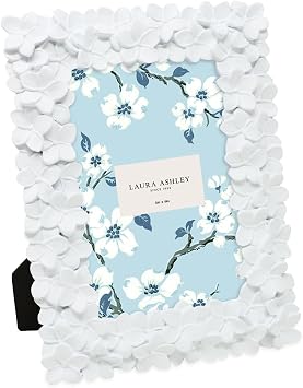 Laura Ashley 4x6 White Flower Textured Hand-Crafted Resin Picture Frame w/Easel & Hook for Tabletop & Wall Display, Decorative Floral Design Home Decor, Photo Gallery, Art 4x6, White