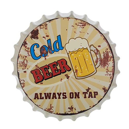 Image of EAZYWAGON Decorative Metal Bottle Caps Wall Sign Plates - 14X14 Inches - Cold-Beer-On-Tap | Metal Wall Hanging Bottle Cap for Home, Farmhouse, Bar & Cafe Decoration | Vintage & Retro Look Plaques