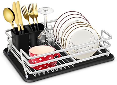 Abtropfgestell, Geschirrkorb mit Abflussbrett, Geschirrabtropfgestell für Küchenarbeitsplatte, platzsparender Organizer, Besteckhalter mit Drehgelenk-Ablaufauslass, Utensilienhalter, Küchenregal Cover