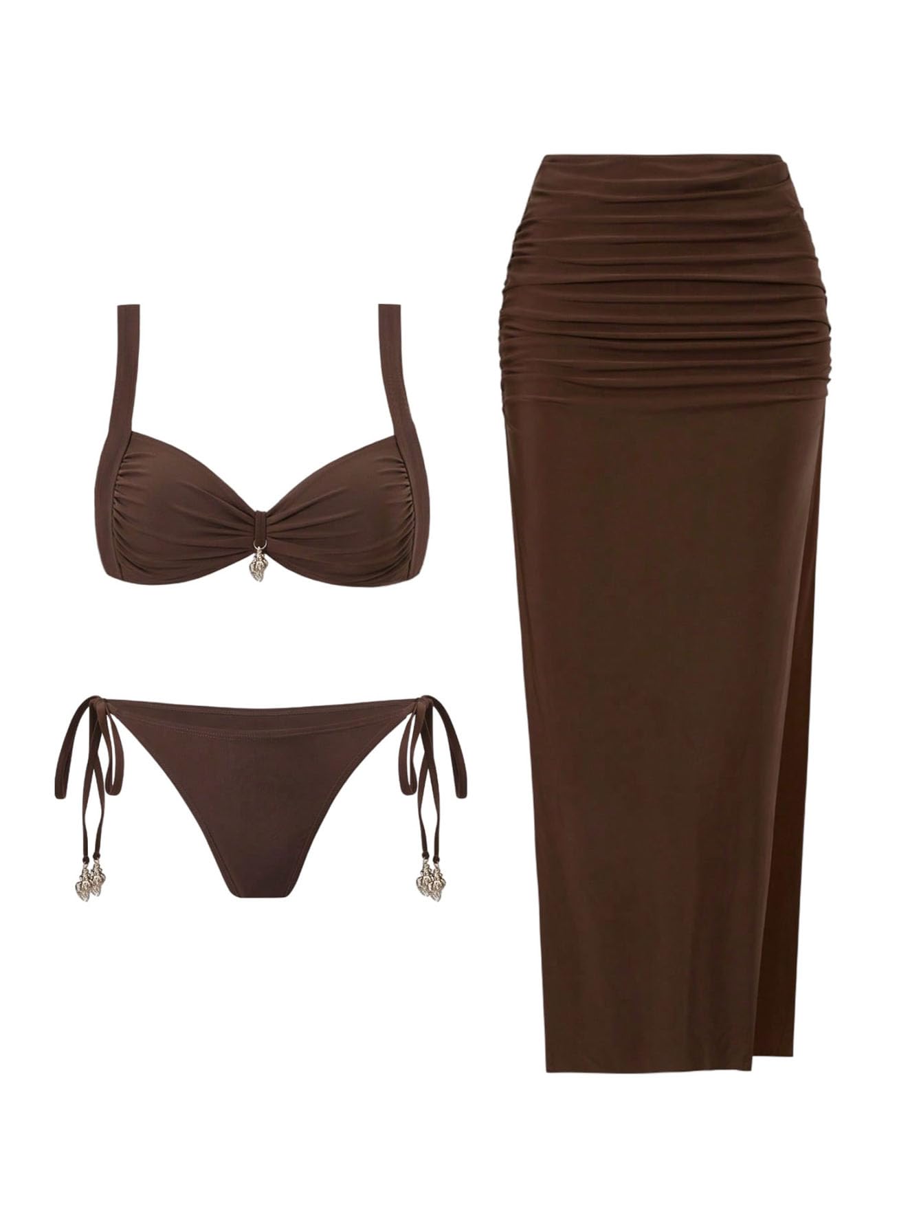 gorglitter Women's 3 Piece Bikini Sets Ruched Metal Tie High Cut Swimsuit with Split Cover Up Skirt Swim Wear-picture-37