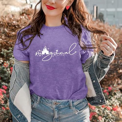 Magical Shirt for Women Magic Kingdom Tshirt Cute Castle Graphic Tees Family Vacation Shirts Short Sleeve Casual Tops Light Purple-XL