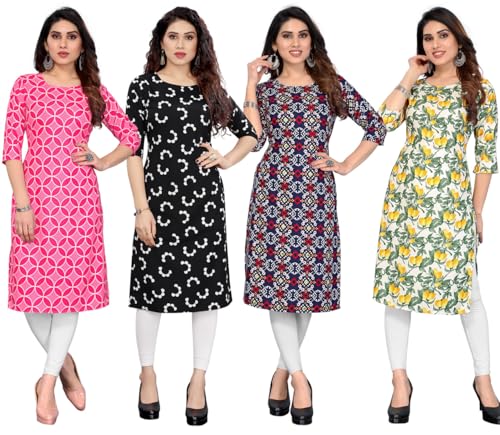 Image of JAKHANA Women's Crepe Printed Casual Straight Calf Length Round Nick Kurta Pack of 4