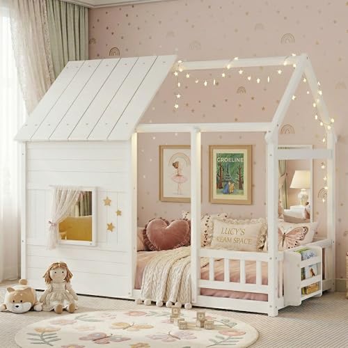 Aurnienofus Twin House Bed with LED Light and Bookcase Kids House Floor Bed Frame with Rails Roof and Window Wood Twin Montessori Floor Beds for Girls & Boys Playhouse Beds White