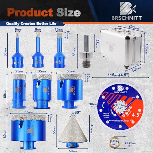 Image of Diamond Core Drill Bit Set - BRSCHNITT Tile Hole Saw Kit 1 /4 inch 5 /16 inch 3 /8 inch 1 inch 1-3 /8 inch2 inch 2-1 /2 inch & 2 inch Chamfer Bit for Porcelain Tile Ceramic Marble Granite Diamond Blade