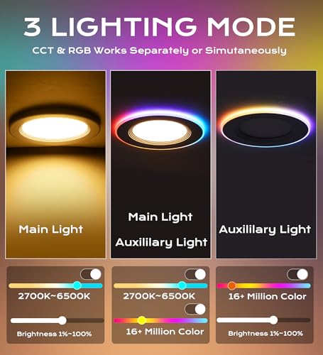 Image of CLOUDY BAY [4 Pack] 4 Inch RGB Smart Recessed Lighting with Gradient Accent Light and Night Light,13W Recessed Lights Ultra-Thin Can-Killer Downlight, Compatible with Alexa and Google Home Assistant