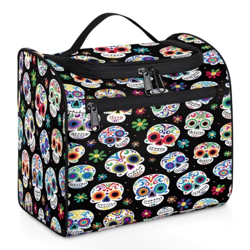 Woltant Skull Head Floral Large Waterproof Travel Toiletry Bag Hanging Makeup Bag with Hook Travel Wash Bag for Women and Men