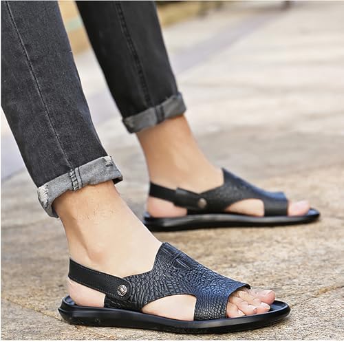 Men'S Genuine Leather Alligator Printed Slip On Beach Sandals Dual-Purpose Adjustable Fashion Round Open Toe Flat Sandals Summer Casual Dressy Sandals4