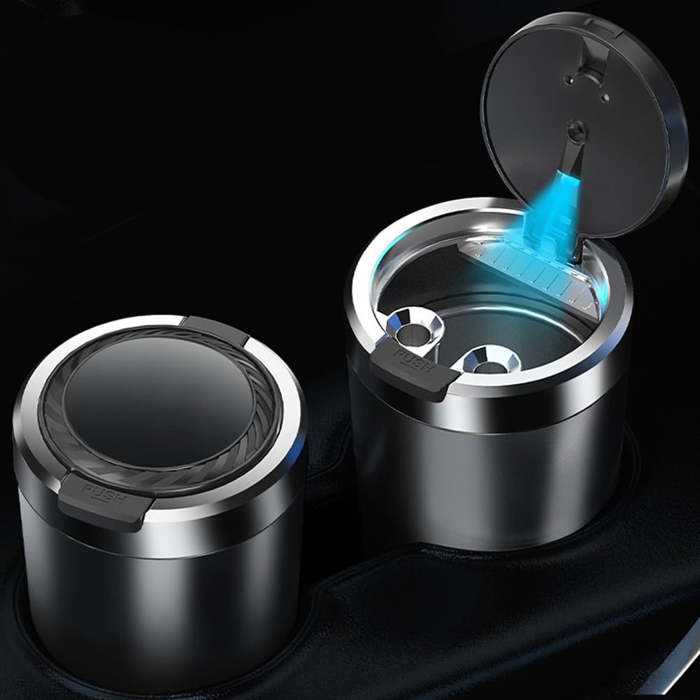 RichVibe LED Car Ash Tray with Lid, Smokeless Aluminum Alloy Cup Vehicle Cup Holders, Blue Light Illuminates on Opening, Detachable Liner, Black — view 7