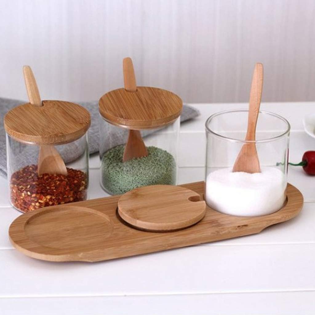 Seasoning Container Kitchenware Spice Rack Seasoning Box Glass Three Piece Suit Household Combination Bamboo Tray Salt and Pepper Spice Jar