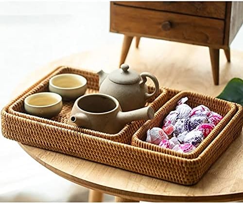 籐製収納バスケット 長方形 籐 手織り フルーツ キャンディー パン オーガナイザー (S)