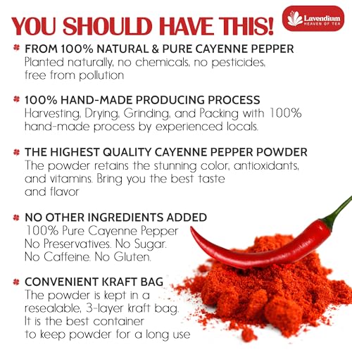 Image of Lavendium, Premium 25oz Cayenne Pepper Powder, 100% Natural & Pure Ground Cayenne Pepper, No Additives or Preservatives, Non-GMO, Plant-Based & Vegan, Perfect for Seasoning, Marinades, Chili & BBQ Rubs