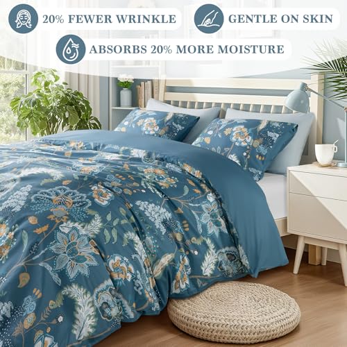 Shilucheng 100% Cotton Floral Duvet Cover King Size - 600 Thread Count, Breathable & Cooling Comforter Cover with Zipper Closure,Hotel Bedding Duvet Covers 3 Piece (Navy Blue)