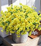 Fake Mums Fall Artificial Flowers Plants for Outdoors Autumn Decoration, 12 Bundles Yellow Silk Morning Glory with Eucalyptus Realistic UV Resistant Faux Flowers for Outside Planter Yard Garden Porch