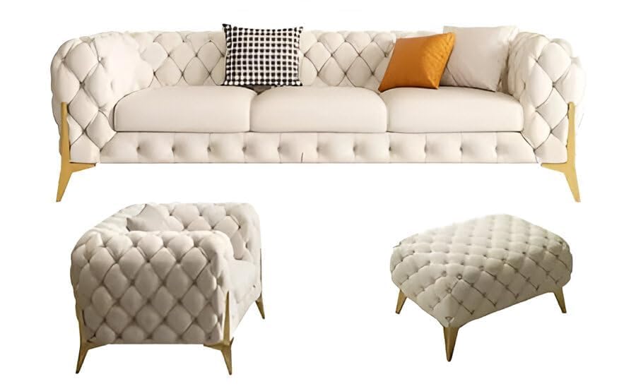 Image of Chesterfield Velvet Upholstery 3-Seater with Armchair and Footrest, Design in 3+1+Footrest Sofa for Living Room, Bedroom, Hallways (Beige)