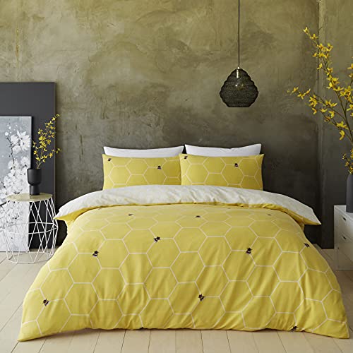 GC GAVENO CAVAILIA Printed Duvet Cover Sets, Reversible Bedding Bed Set, Polycotton Quilt Covers, Bee Happy-Ochre, King
