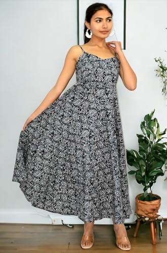 Image of JAIPUR HAND BLOCK Cotton Sleeveless Long Flared A Line Dress|Gown (S00063)
