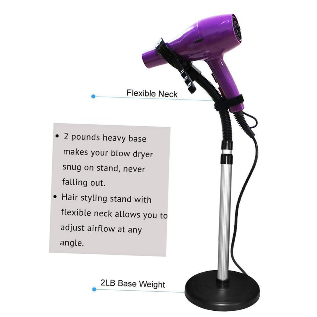 Baluue Soporte para Secador de Pelo de Mesa Negro con Rotación 360° | Aleación y Goma, Ventosa de Fijación, Instalación Sencilla, Uso Manos Libres para Peinado y Secado