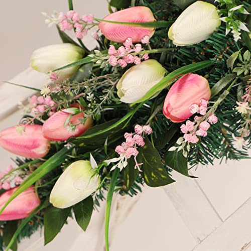 belupai 22in Pink Tulips Teardrop Swag, Decorative Floral Swag with Lily of The Valley Flower and Greenery Leaves, Spring Summer Tulips Swag for Indoor Outdoor Window Decor(Multicolor) - Image 6