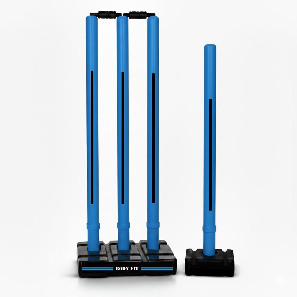 Bodyfit Cricket Stumps | Plastic Wickets Set with 4 Stumps + 2 Bails + 2 Stands | Full Size Wickets for Cricket Ground, Tournament Wicket, Blue-Black.-image-19