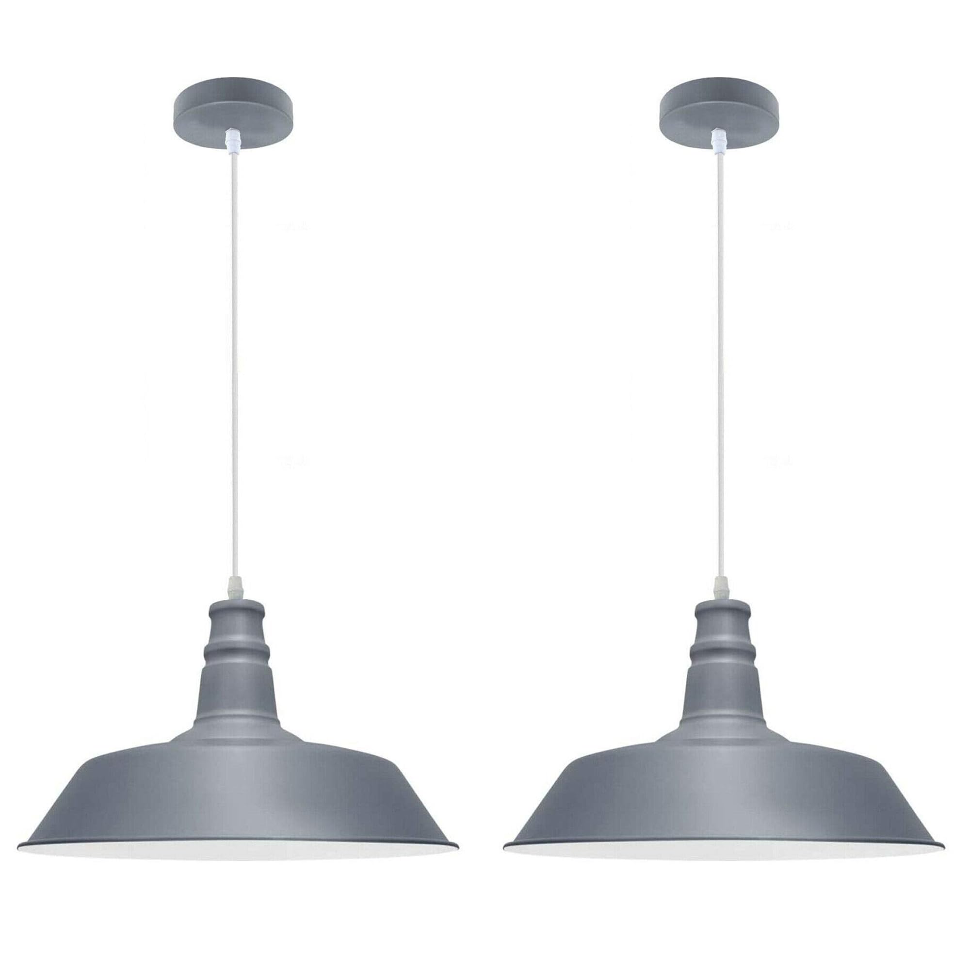 2 Pack Industrial Pendant Light Fixtures – Adjustable Hanging Ceiling Lights with 36cm Wide Metal Shade, E27 Socket 90cm Cord Grey Finish Vintage Lighting for Kitchen Island, Dining Room, Bar