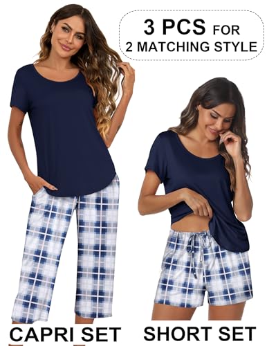 Image of Ekouaer 3 PCS Capri Pajamas for Women Set Short Sleeve Pajama Lounge Sets | Floral Pj Sets Top and Capri Pants Soft Comfy Sleepwear with Pockets for Home, Daily Wear for Mom, Wife, Grandmother