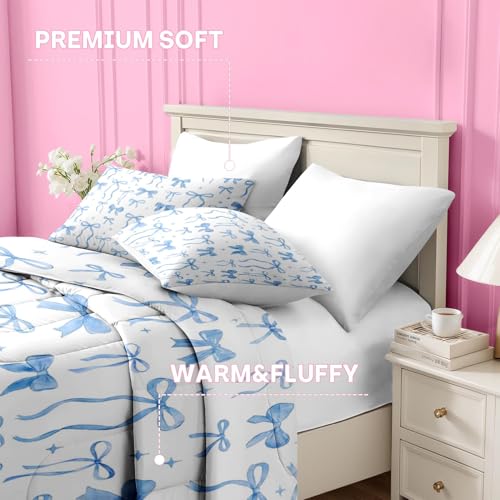 Image of Nesker Bow Comforter Set Full Size, 7 Pieces Bed in a Bag, Blue Bow Bedding Set for Girls, Coquette Comforter Set with 2 Pillowcases & 2 Shams