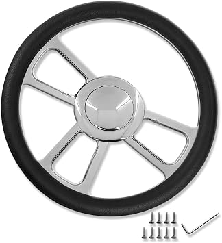 14" Chrome 9 Holes Split 3 Spokes Steering Wheel & Smooth Horn Button