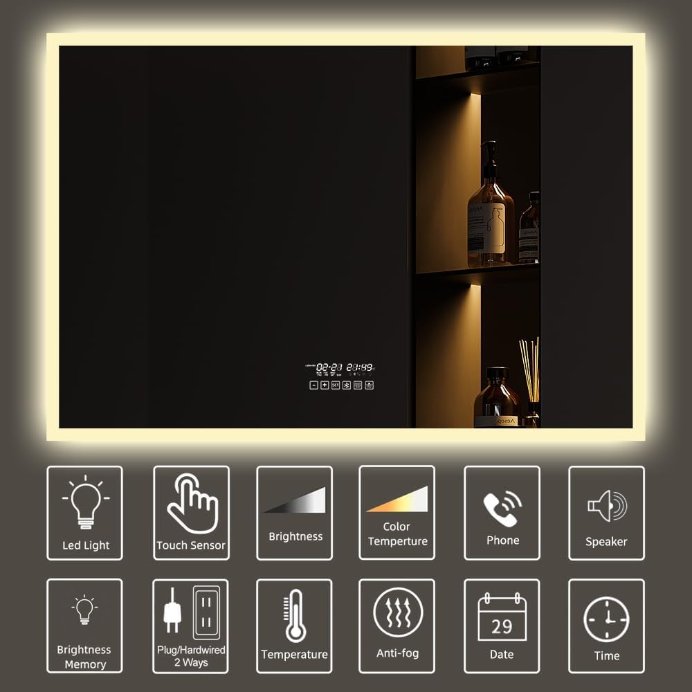 Icons representing various features of the Gesipor LED mirror including LED light, touch sensor, brightness, color temperature, phone, speaker, brightness memory, plug/hardwired, temperature, anti-fog, date, and time.