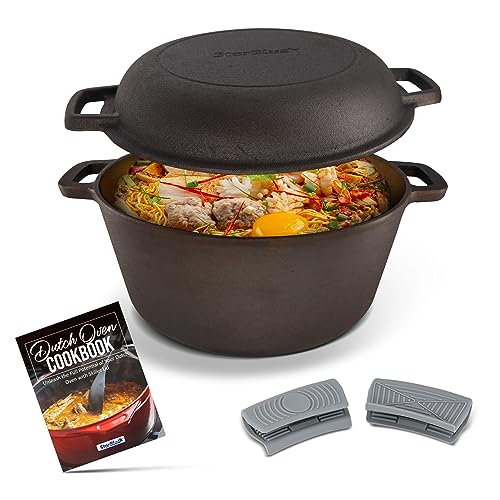 StarBlue - Horno holandés de hierro fundido suave y pulido, hierro fundido de 5 cuartos de galón con 10 pulgadas de diámetro, sartén multiusos 2 en 1 y olla para cocinar antiadherente