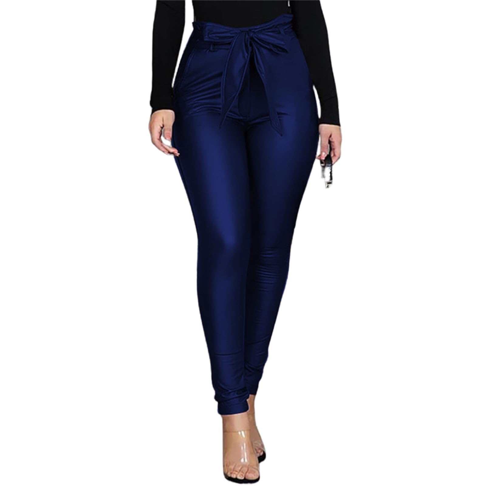 Womens Sexy PU Faux Leather Pant High Waist Stretchy Bow Leggings Pencil Skinny Slim Fit Trousers