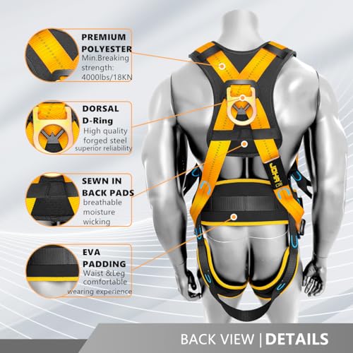 Ymachray Fall Protection Full-Body Safety Harness, Vented & Padded Shoulder, Legs & Back, 6” Thick Back Support Belt,5 Heavy Duty D-rings, Tongue Buckle, Quick Release (OSHA/ANSI)