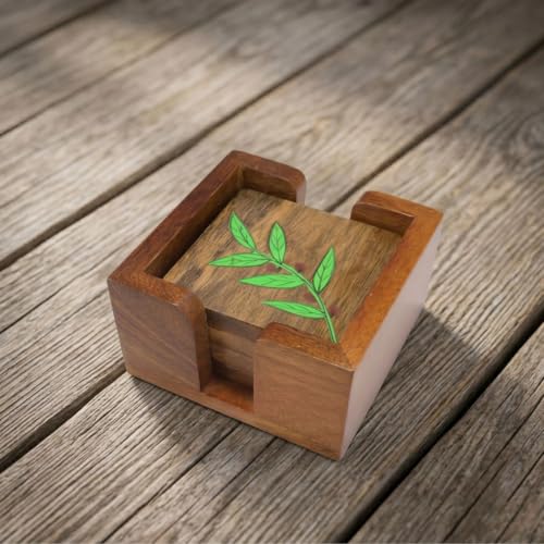 Image of Saras Aajeevika 4 Pc Set of Handmade Wooden Sqajure Curved Coaster /Coster with Holder for Kitchen Decor Handpainted Floral Design Hot Pots, Tea Cups, Coffee Mugs, Glasses Coaster Sets