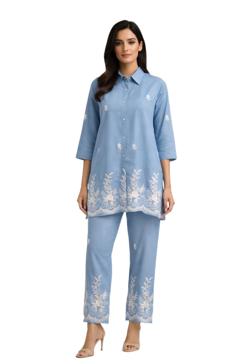 Floral Embroidery Cotton Blend Co-ord Set for Women-image-13
