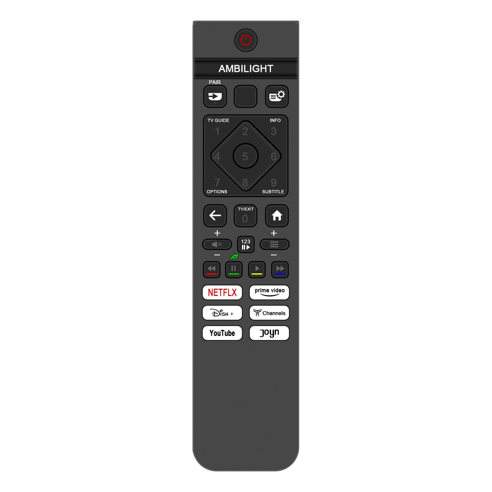 פראָנט view of the VINABTY remote control with illuminated buttons, showing power, Ambilight, navigation, number pad, and streaming service buttons.